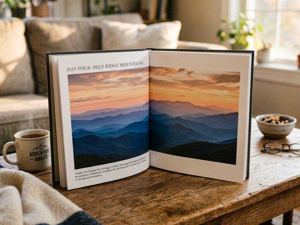 An open book standing on a coffee table, showing a day chapter titled Day Four with a full-page photo of blue ridgelines at sunset
