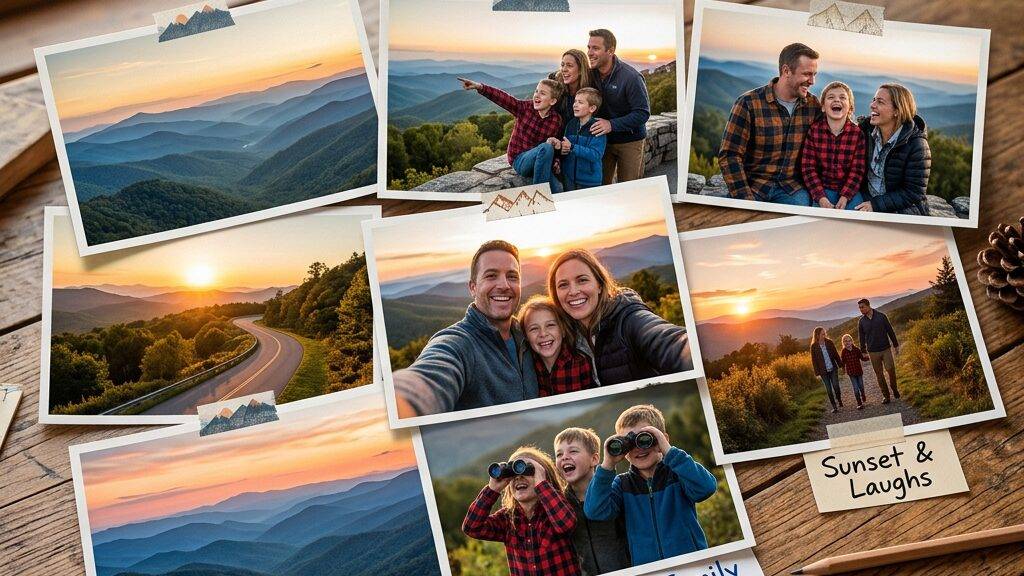 Prints from one afternoon on the ridge, laid out overlapping on a table: overlook views, a family selfie, and children with binoculars