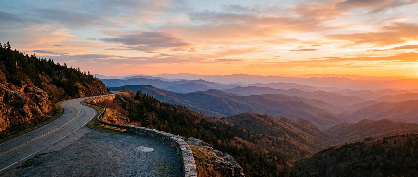 A winding mountain road curving along a Blue Ridge overlook at sunset, with layered ridgelines fading into the distance