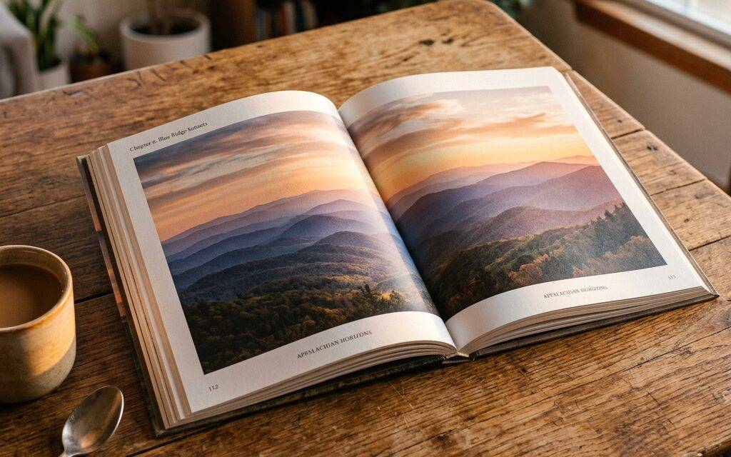 A printed book lying open on a wooden table, both pages filled with a sunset over layered Blue Ridge mountains