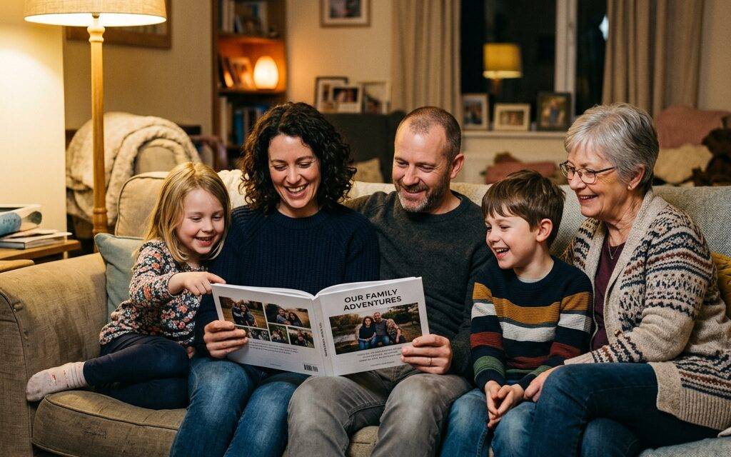 Three generations of a family on a sofa, laughing over an open photo book of their trip