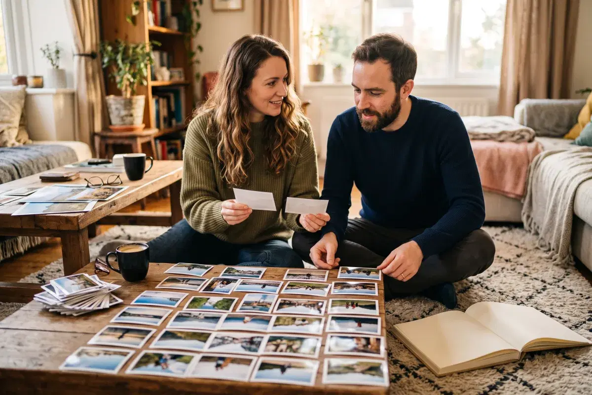 A couple in plain knit sweaters sitting on a rug beside a wooden coffee table covered in rows of small printed travel photographs, holding two prints up to compare them, with a discard stack, an open blank photo album, two mugs and reading glasses nearby