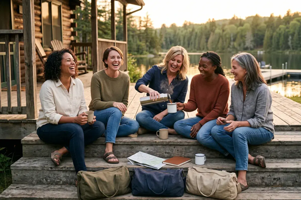 Five women in plain shirts and sweaters laughing on the wooden steps of a lakeside cabin at sunset, one pouring coffee from a thermos, with a folded map, a notebook and overnight bags on the steps