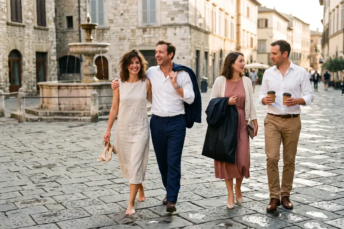 Four wedding guests, two couples in their thirties, crossing a cobblestone square in an old stone town the morning after a wedding, one woman barefoot carrying her heeled sandals, one man with a navy blazer over his shoulder and another holding two paper coffee cups, a garment bag over one arm and a stone fountain behind them