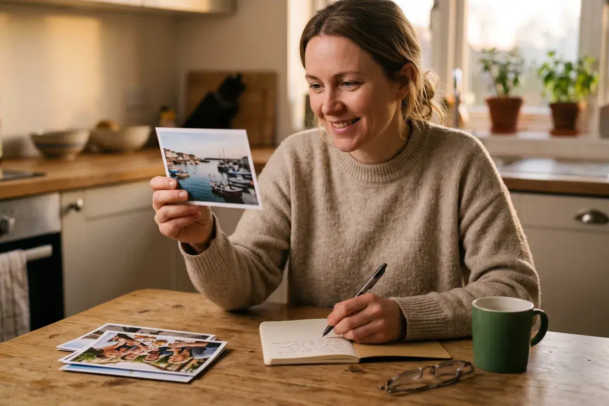 A woman in a plain oatmeal sweater at a wooden kitchen table in warm evening light, smiling at a printed harbour photograph in one hand while writing notes in a small notebook, with a stack of travel prints, a green mug and reading glasses beside her