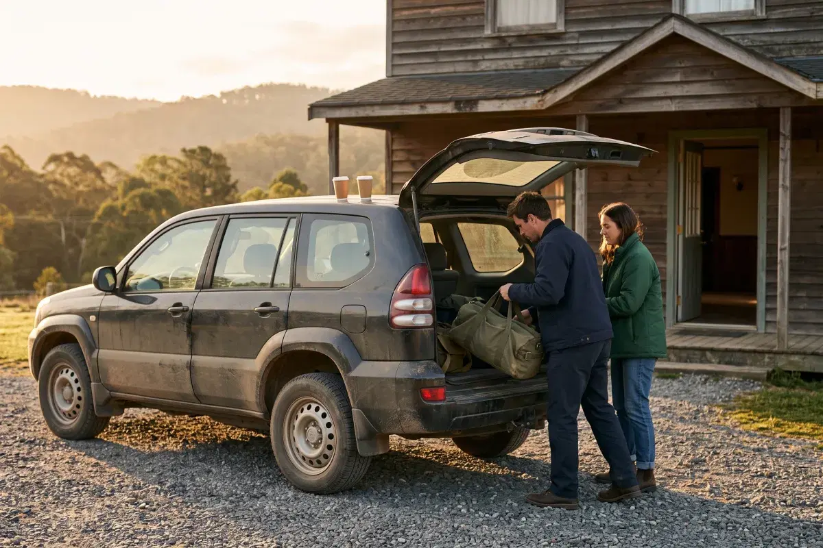A couple in plain dark jackets loading a canvas duffel bag into the open tailgate of a dusty grey SUV on a gravel drive outside a two-storey wooden inn at sunrise, two paper coffee cups on the car roof and the inn door open behind them