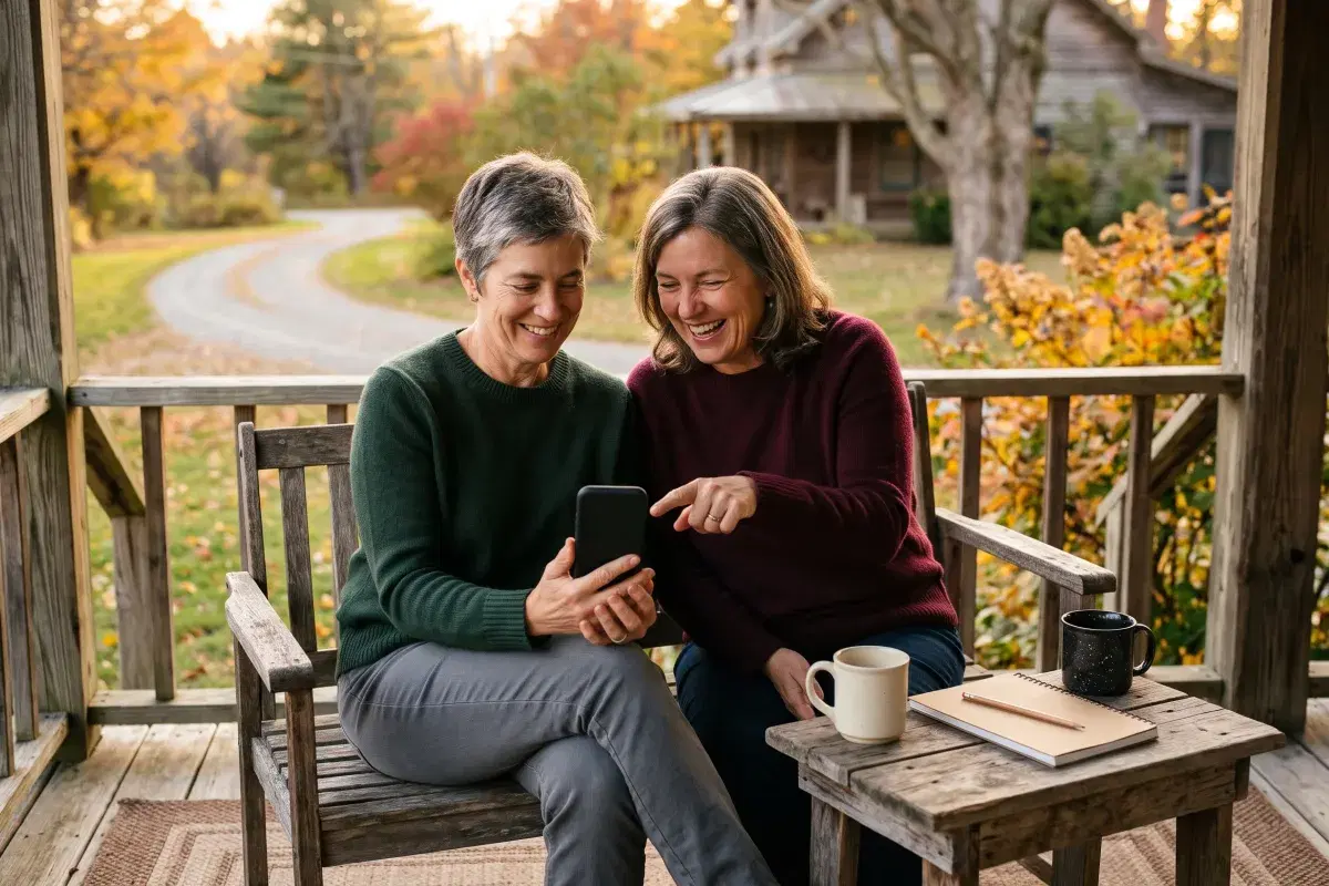 Two women in their fifties in plain knit sweaters laughing together on a wooden porch bench in autumn, one holding a phone while the other points at the screen, with two mugs, a notebook and a pencil on a small table beside them