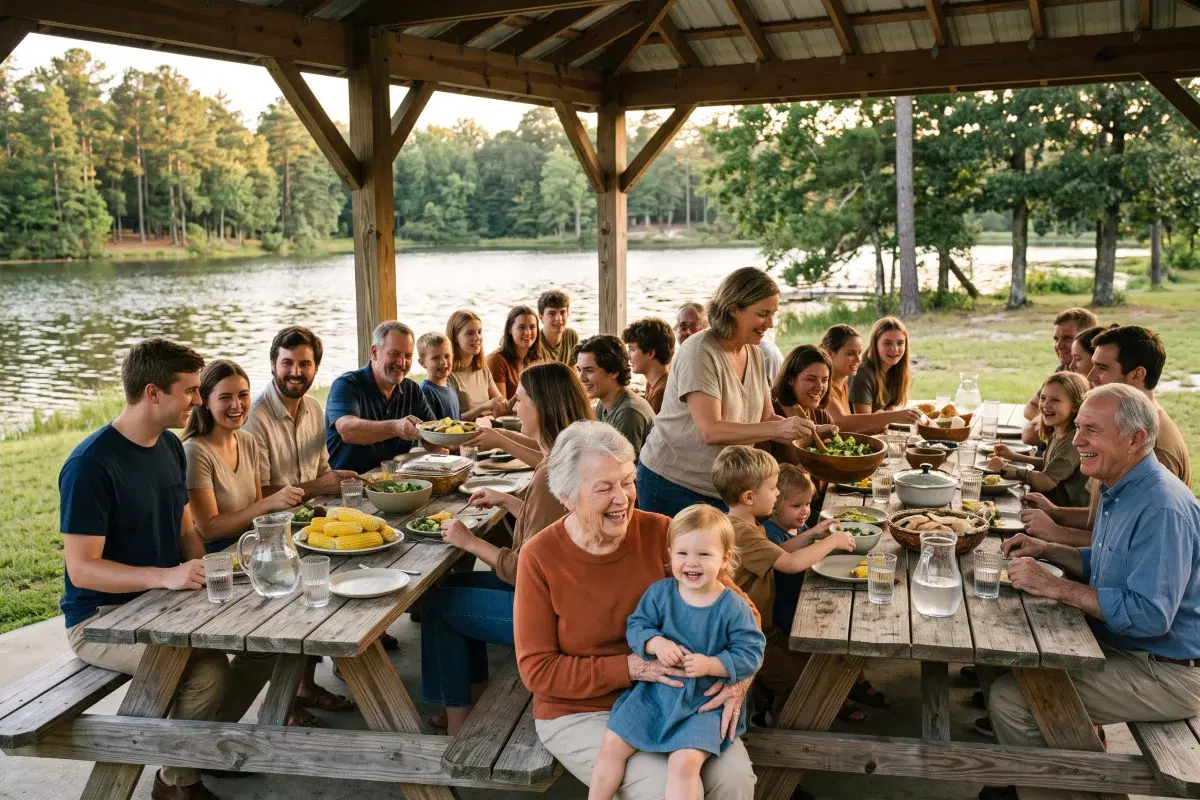 About twenty relatives across three generations eating at two long wooden picnic tables under a timber pavilion beside a lake, a grandmother in an orange sweater laughing with a toddler on her lap while others pass salad bowls, corn and glass water pitchers