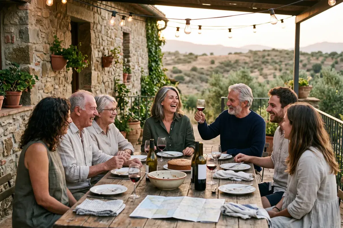 Nine adults of mixed ages around a long wooden table on a stone terrace at dusk, string lights overhead and dry hills behind, one woman laughing as a man beside her raises a glass, with a plain cake, wine bottles and a folded paper map on the table