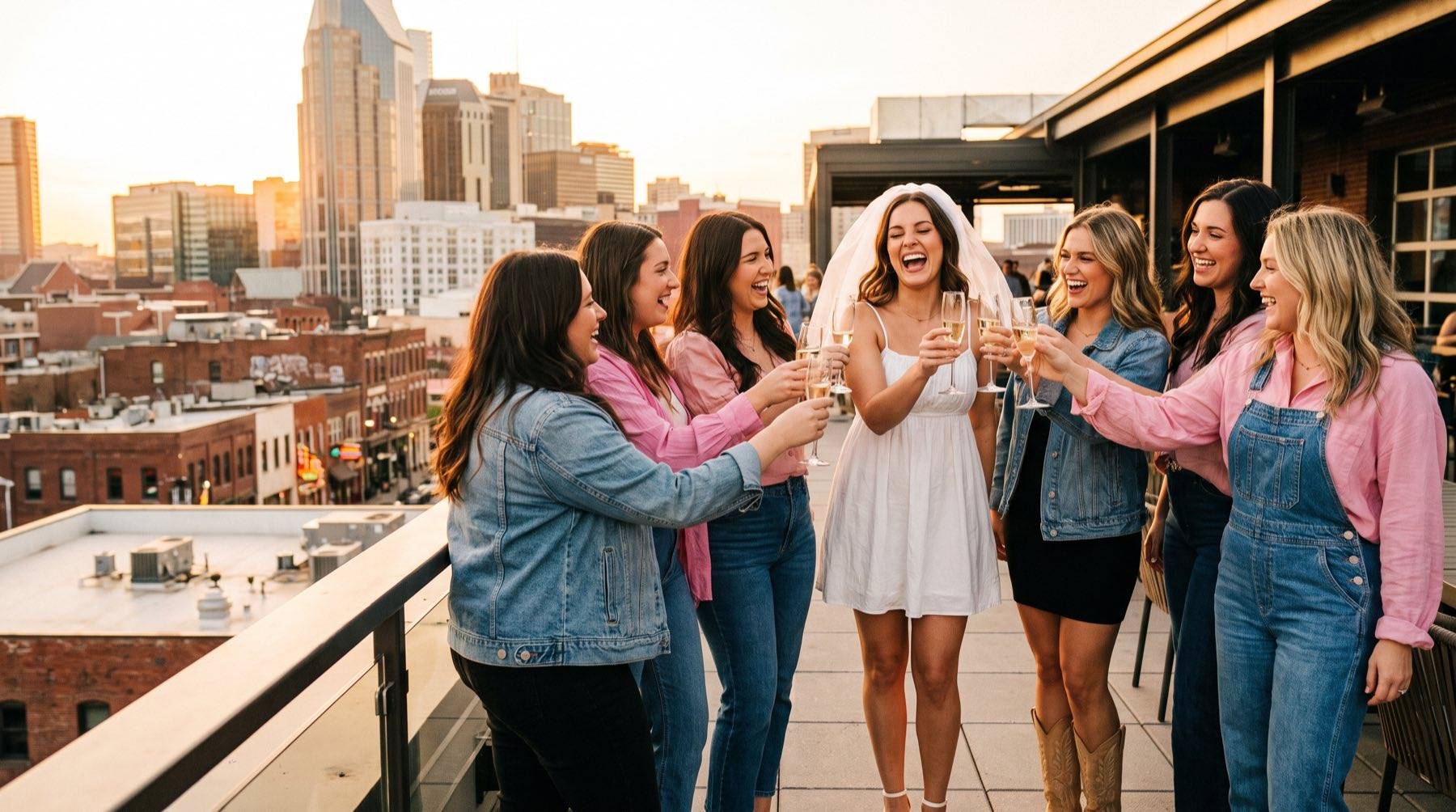 A bride in a white dress and veil laughing mid-toast with seven friends in pink and denim on a rooftop terrace, the Nashville skyline glowing behind them at golden hour