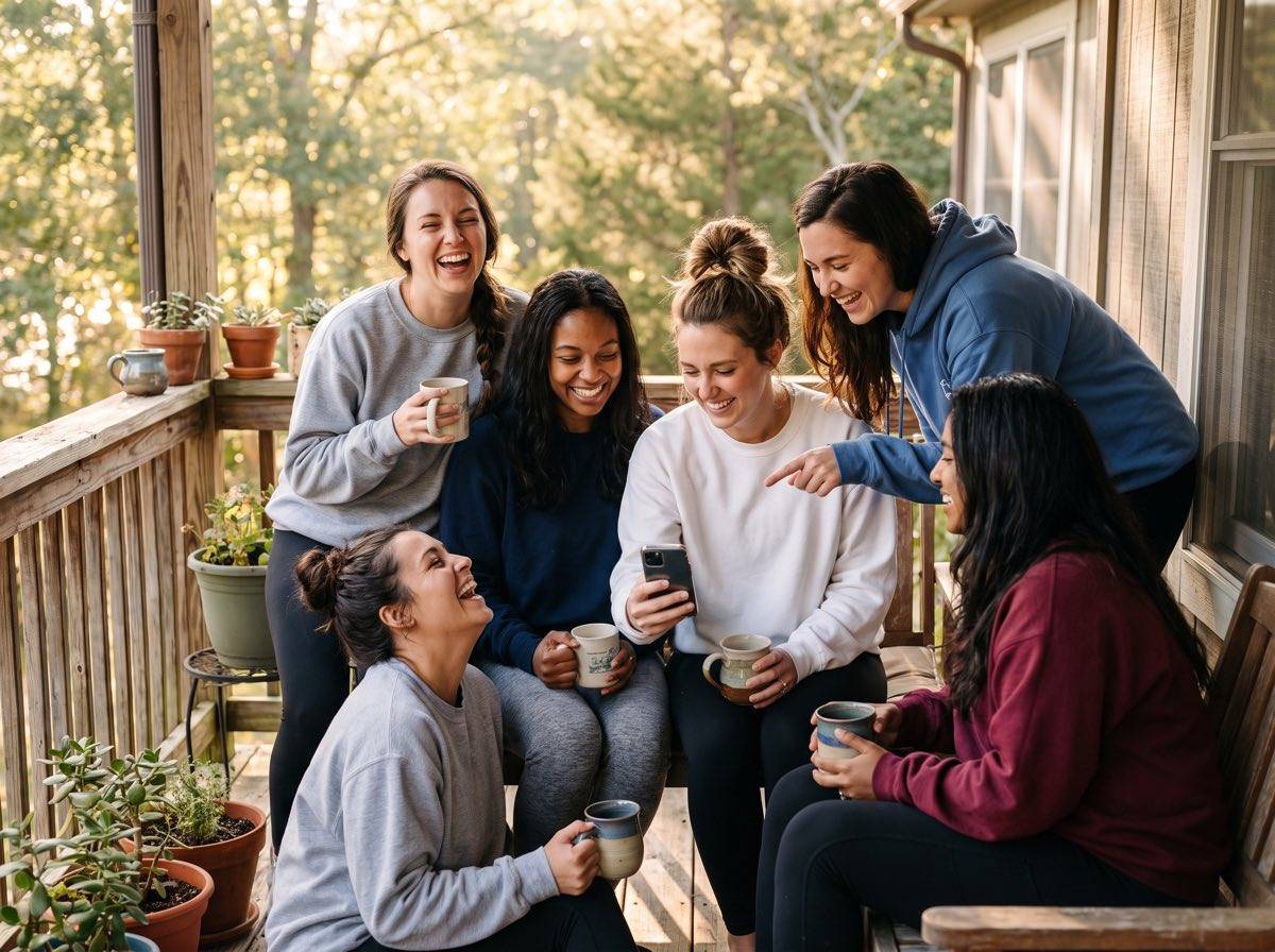 Six friends in sweatshirts laughing on a sunlit porch with coffee mugs as the bride shows them a photo from the night before on her phone