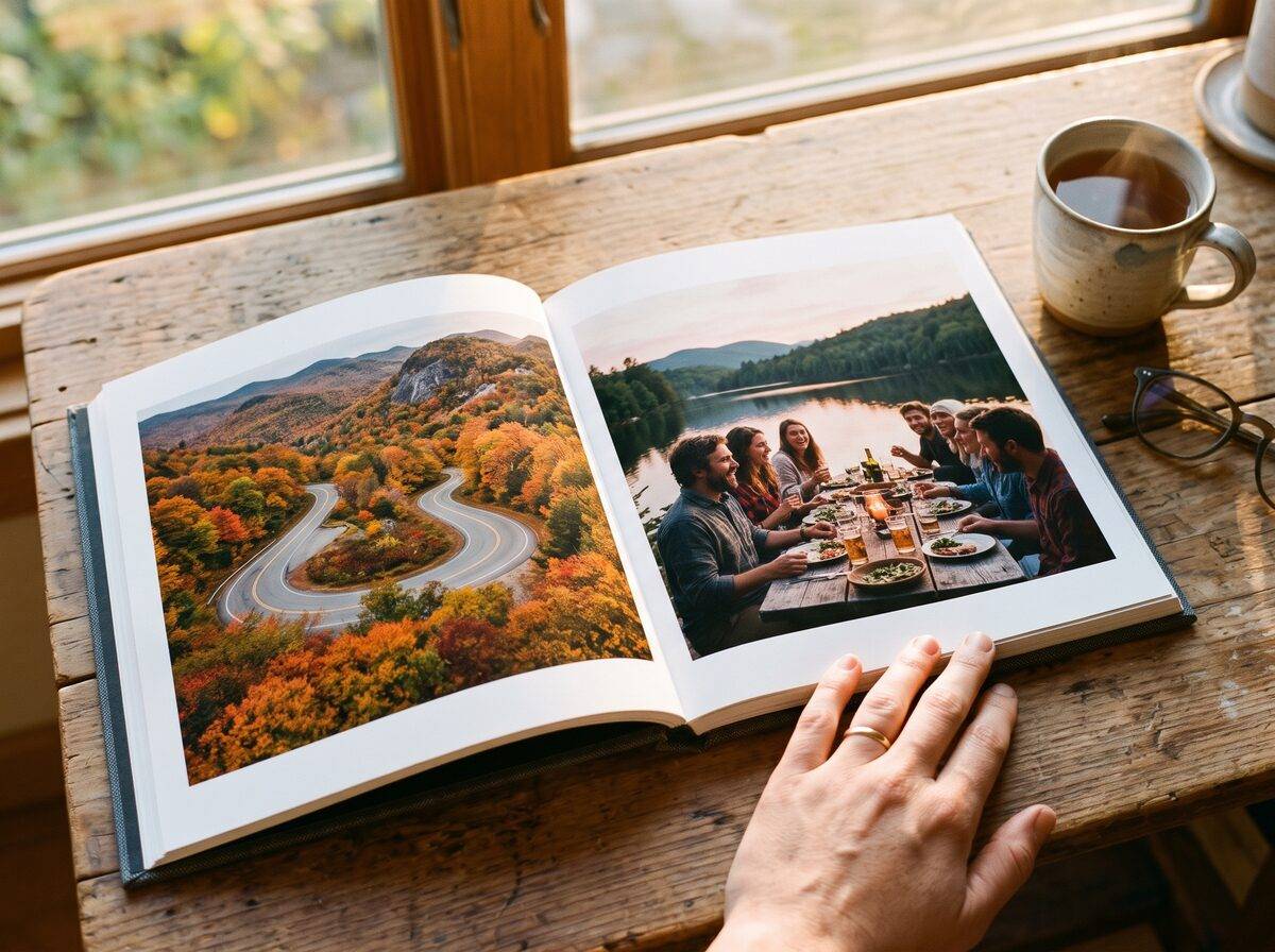 An open hardcover photo book on a wooden table by a window, showing an aerial photo of a winding road through autumn trees and friends at a lakeside dinner