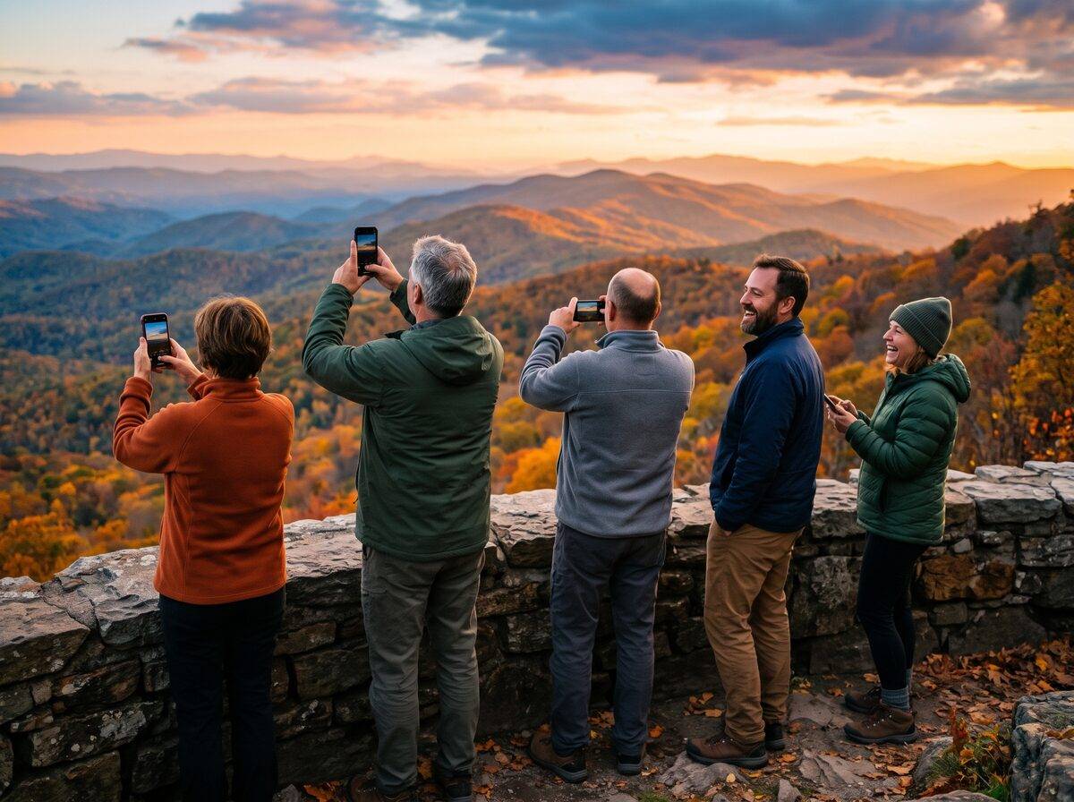 Five friends at a stone wall on a mountain overlook at sunset, three holding up phones to photograph the autumn ridgelines while two laugh together