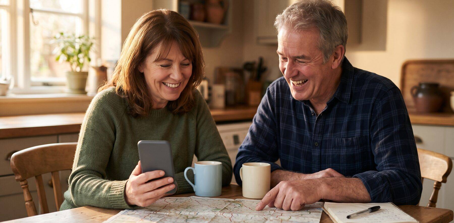Two friends in their fifties laughing at a sunlit kitchen table as they plan a trip over a paper road map, coffee mugs and a phone