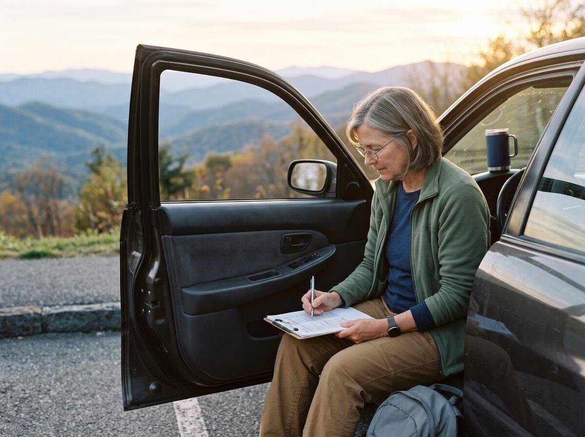 A woman with reading glasses sits in the open door of a car at a mountain overlook in autumn, marking up a printed day plan on a clipboard
