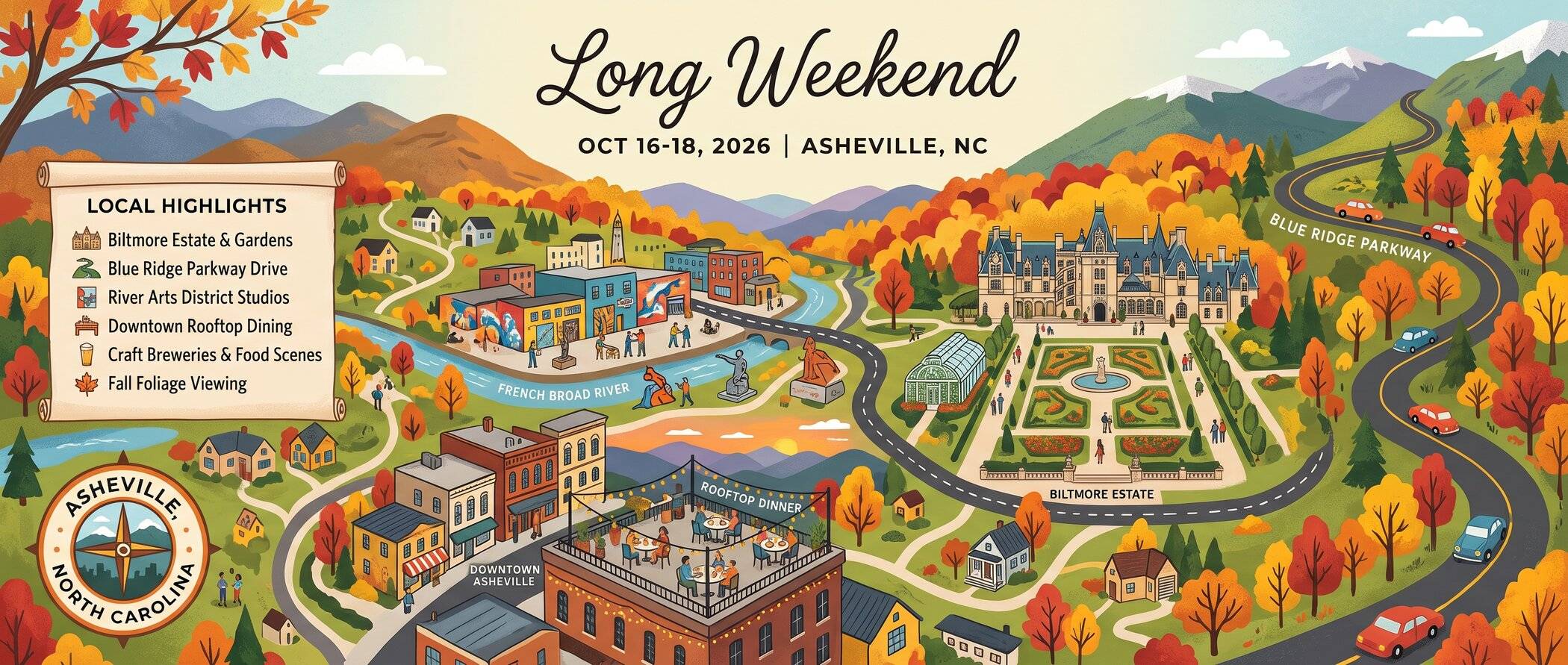 Illustrated map-style cover art titled Long Weekend, October 16 to 18, 2026, Asheville, North Carolina, showing an estate and gardens, the Blue Ridge Parkway, a riverside arts district and a rooftop dinner among autumn trees